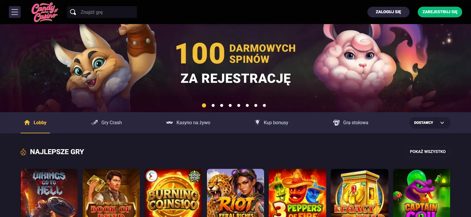 Aktualny widok lobby Candy Casino z kategoriami gier